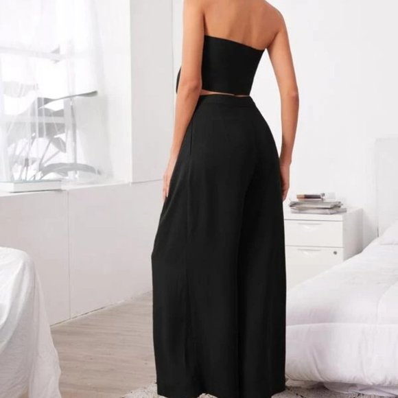 Boho 2 Piece Tie Front Tube Top & Pleated Wide Leg Pants Set black - Picture 5 of 5